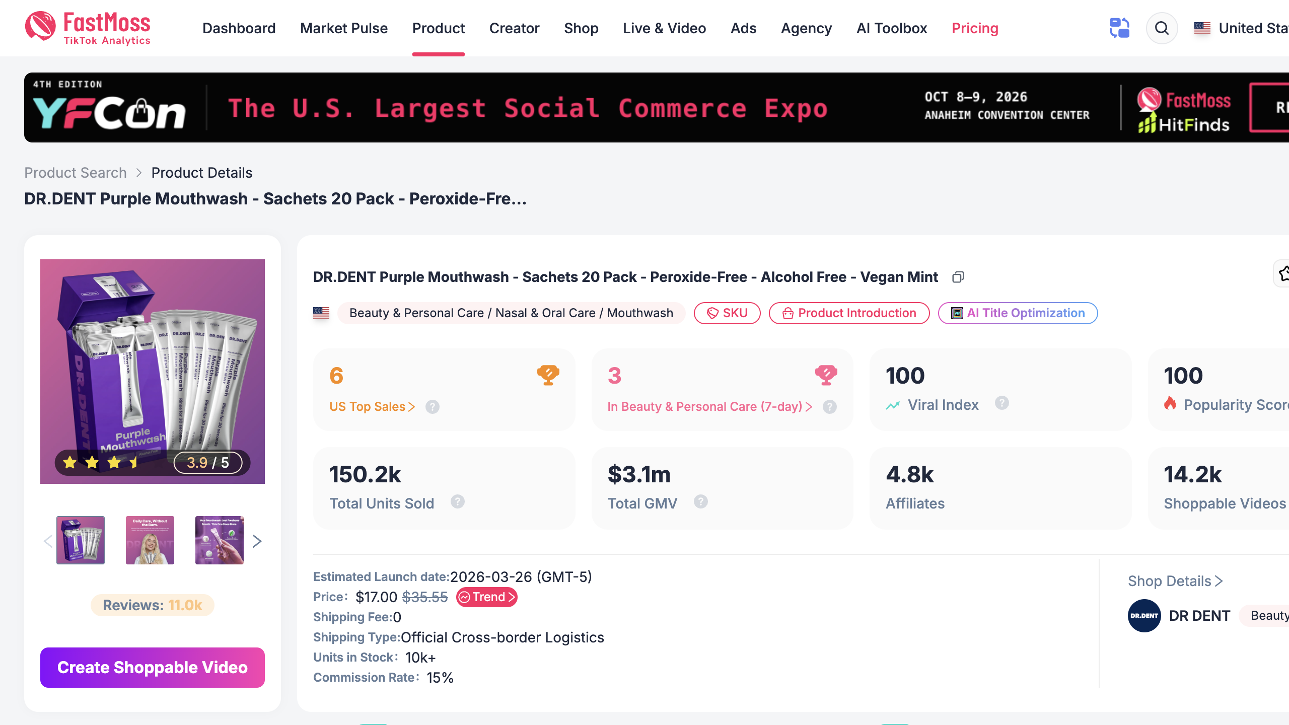 Live DR.DENT product intelligence page opened inside Floatboat